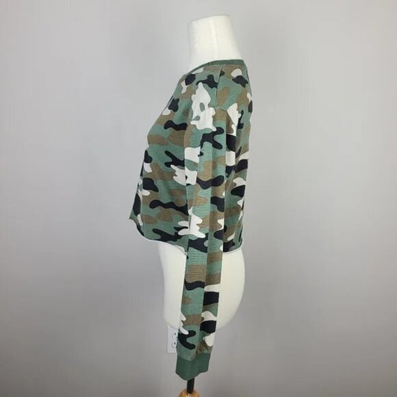 H&M Green Black and Cream Camo Printed Cropped Sweatshirt XS - Picture 8 of 16